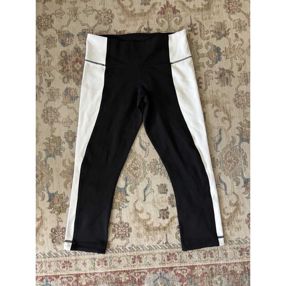 Lululemon Up The Pace Leggings Womens 6 Black White Striped Stretch Pocket